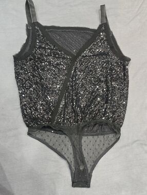 Black Sequin V-Neck Bodysuit Top